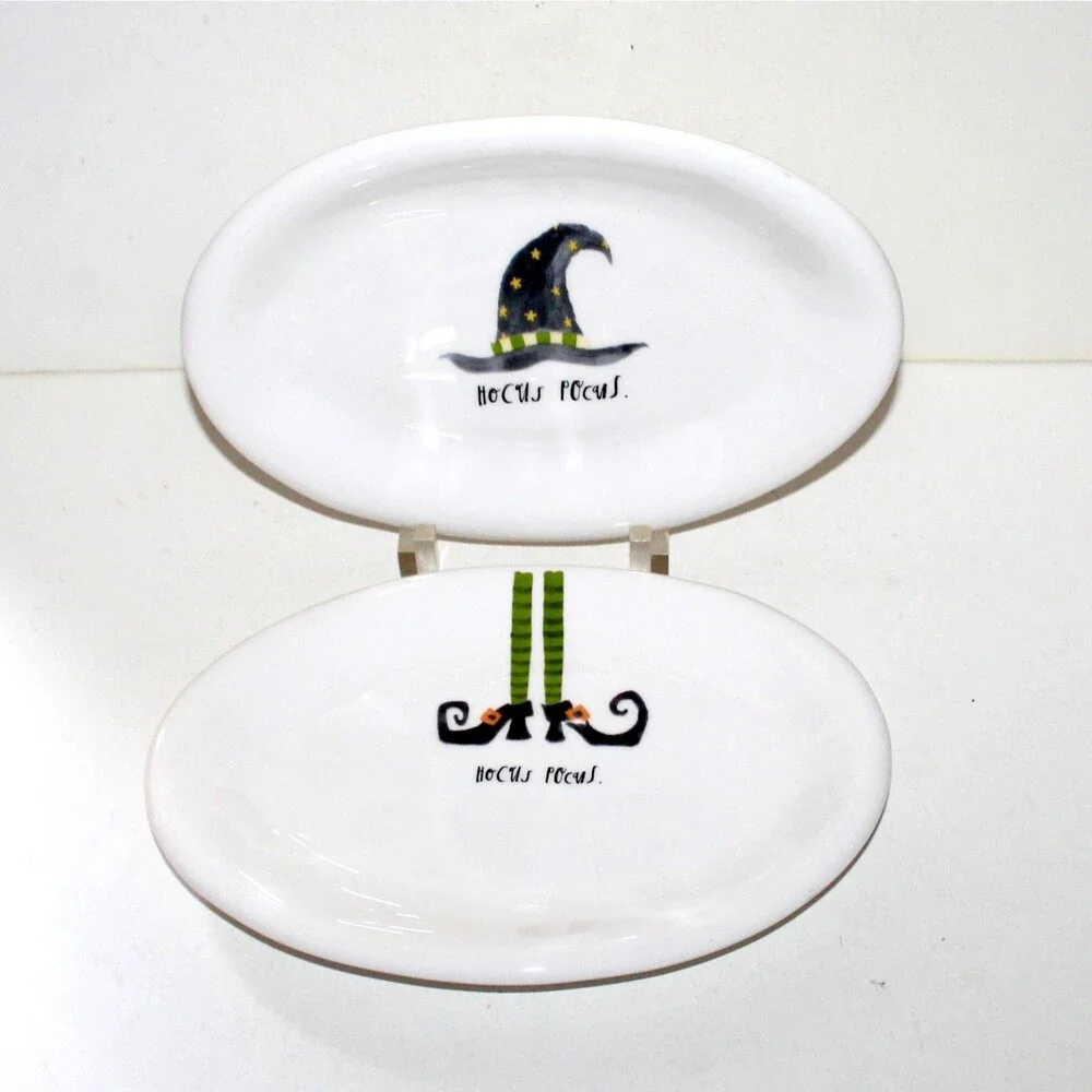 2 Rae Dunn Magenta Halloween oval appetizer plates Hocus Pocus Witch hat boots